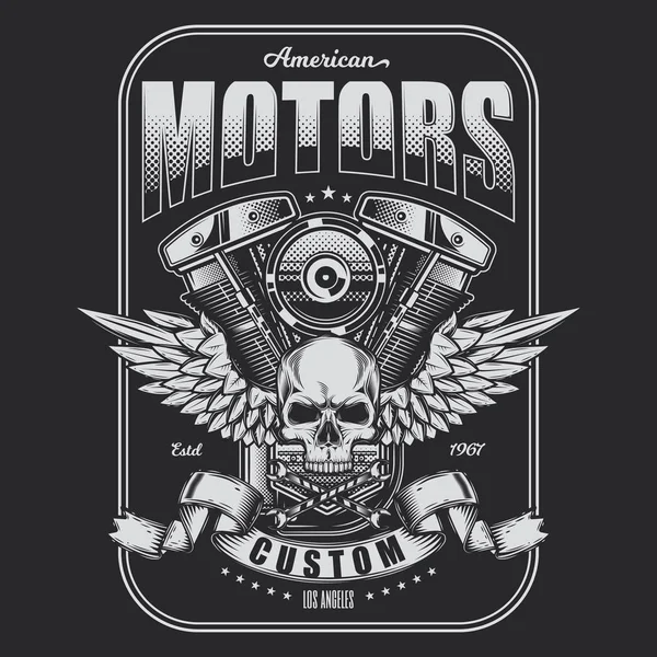 Vintage Moto illüstrasyon. Motorun arka planında kanatları olan kafatası. T-shirt tasarımı için uygundur. Vektör çizimi