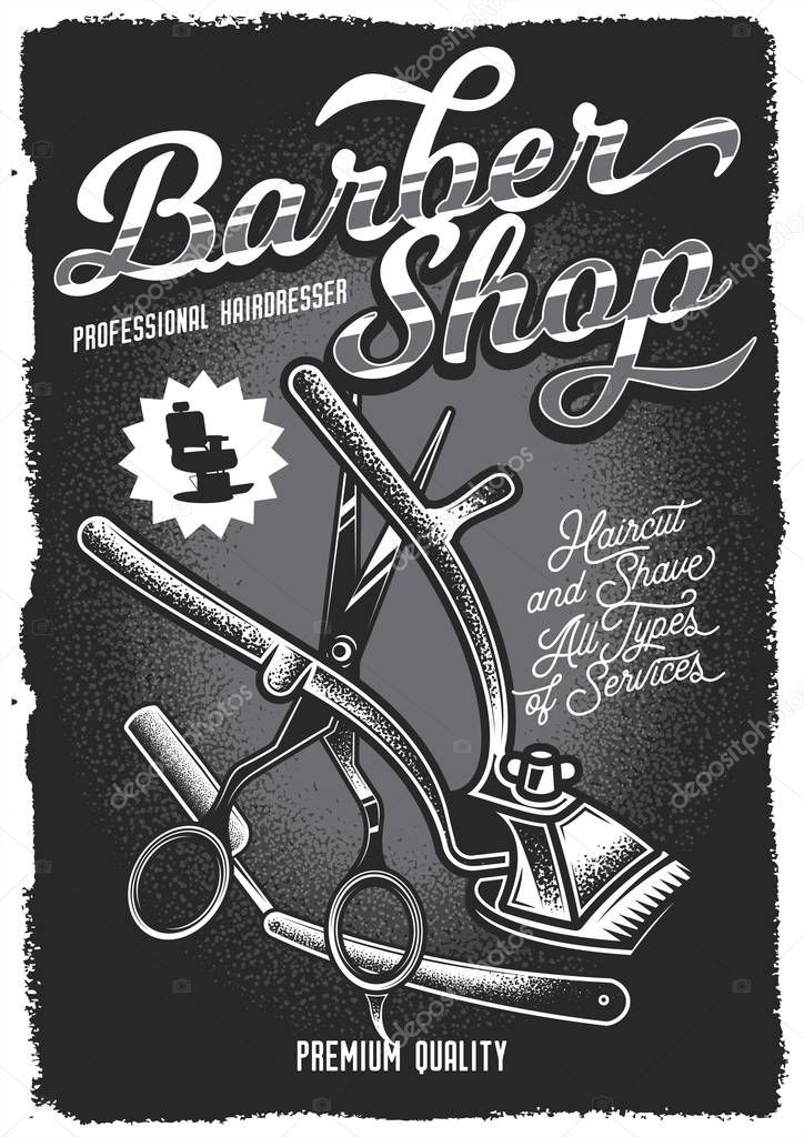 Monochrome vector poster Barber shop with a picture of scissors, razors and clippers.