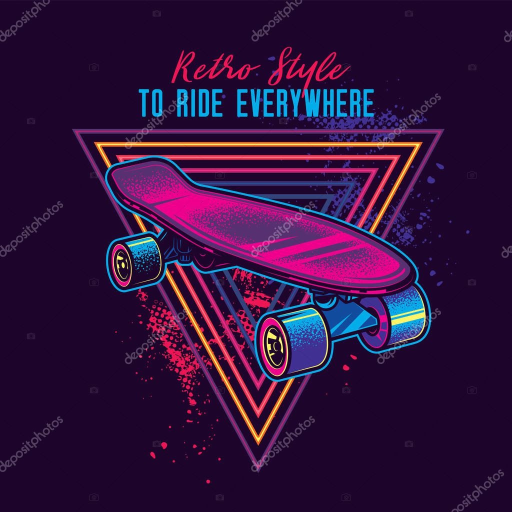 Vintage skateboard in neon style. Original vector illustration.