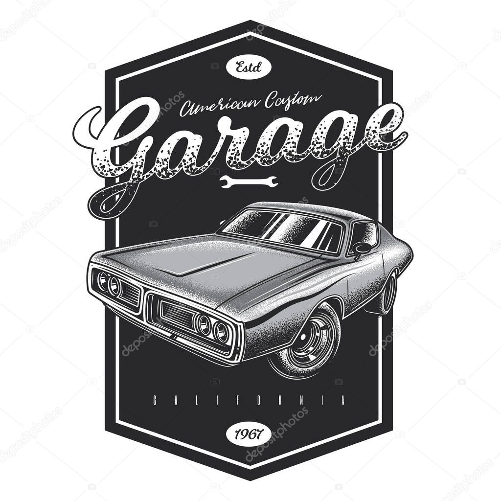 Original monochrome vector emblem in vintage style. Vintage American car. American custom garage