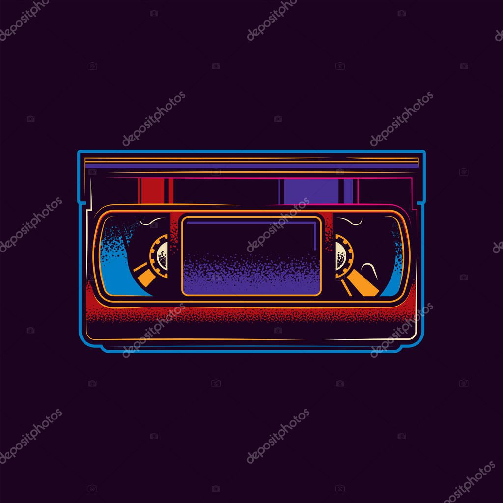 Original neon green vector illustration vintage music cassette with magnetic tape in retro style