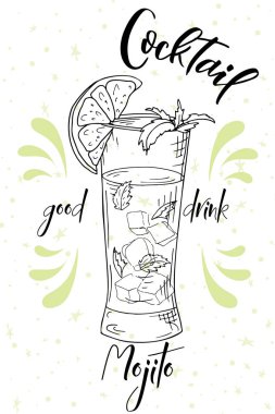 Mojito kokteyl. Beyaz arka plan üzerinde çizilmiş içki ver. Vektör çizim