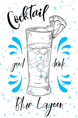 Blue Lagoon kokteyl. Beyaz arka plan üzerinde çizilmiş içki ver. Vektör çizim