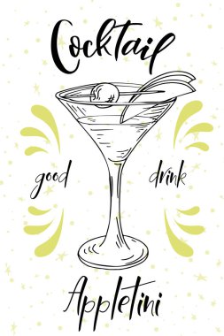 Vektör dring poster. Restoran ve kafe için kokteyl elmalı martini. Elle çizilmiş illüstrasyon