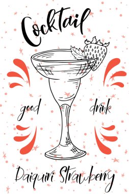 Daiquiri çilek kokteyli. Beyaz arka plan üzerinde çizilmiş içki ver. Vektör çizim
