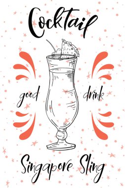 Singapur Sling kokteyli. Beyaz arka plan üzerinde çizilmiş içki ver. Vektör çizim
