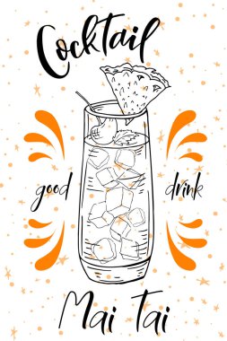 Mai Tai kokteyl. Beyaz arka plan üzerinde çizilmiş içki ver. Vektör çizim