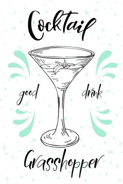 Vektör dring poster. Restoran ve kafe için kokteyl çekirge. Elle çizilmiş illüstrasyon