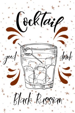 Vektör dring poster. Kokteyl siyah Rus restoran ve kafe için. Elle çizilmiş illüstrasyon