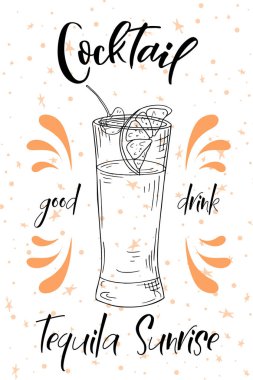 Tekila Sunrise kokteyli. Beyaz arka plan üzerinde çizilmiş içki ver. Vektör çizim