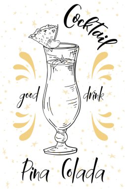 Vektör dring poster. Kokteyl Pina Colada restoran ve kafe. Elle çizilmiş illüstrasyon
