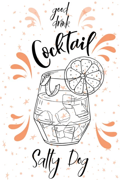 Vektör dring poster. Restoran ve kafe için kokteyl tuzlu köpek. Elle çizilmiş illüstrasyon