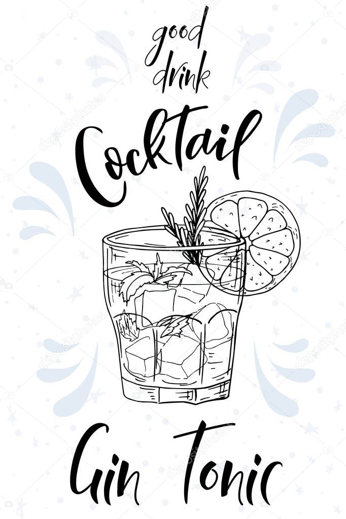 Alcoholc cocktail Gin Tonic. Party summer poster. Vector background