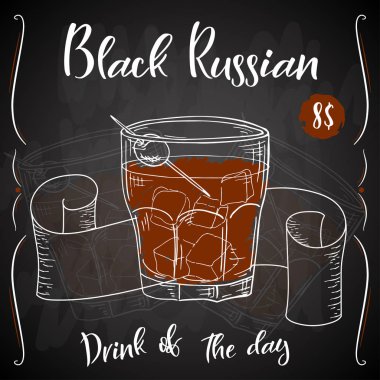 Vektör dring poster. Kokteyl siyah Rus restoran ve kafe için. Elle çizilmiş illüstrasyon.