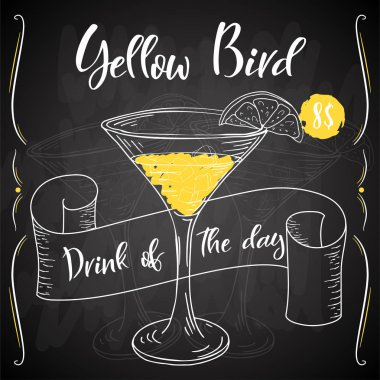 Vektör dring poster. Kokteyl sarı kuş restoran ve kafe için. Elle çizilmiş illüstrasyon