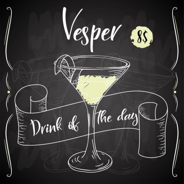 Vektör dring poster. Kokteyl Vesper restoran ve kafe için. Elle çizilmiş illüstrasyon