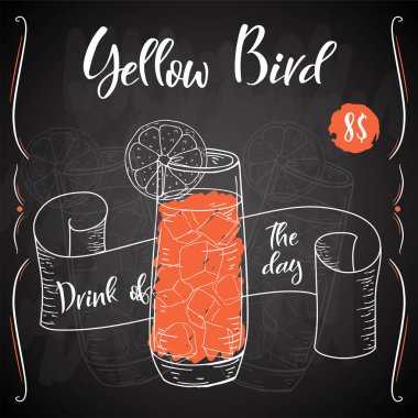 Vektör dring poster. Kokteyl sarı kuş restoran ve kafe için. Elle çizilmiş illüstrasyon