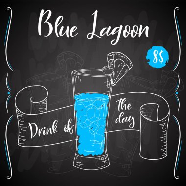 Vektör dring poster. Kokteyl Blue Lagoon restoran ve kafe için. Elle çizilmiş illüstrasyon