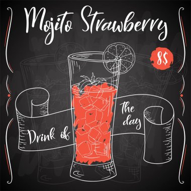 Alcoholc kokteyl Mojito çilek. Parti yaz poster. Vektör arka plan