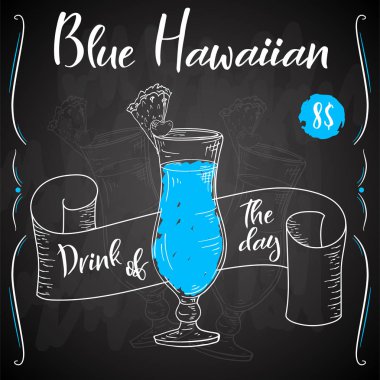 Mavi hawaian kokteyl. Beyaz arka plan üzerinde çizilmiş içki ver. Vektör çizim