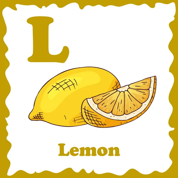 Alfabeto para niños con frutas. Carta saludable abc L-Lemon — Vector de stock