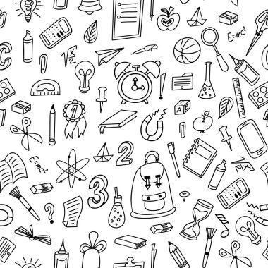 Doodle sorunsuz arka plan. Malzemeleri okul desen el ile çizilmiş. Vektör çizim