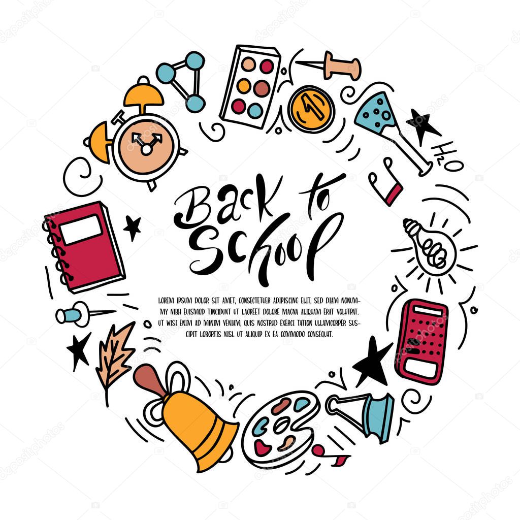 Back to shool design elements. Hand drawn clipart with supplies. Doodle vector illustration