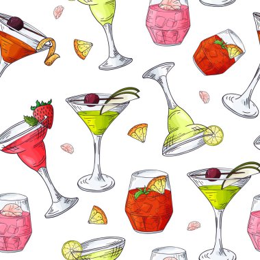 El ile Seamless modeli öğeleri çizilmiş. Beyaz arka plan üzerinde kokteyller. Vektör illlustration