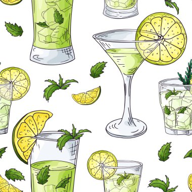Kokteyller ile Seamless modeli. Beyaz arka plan üzerinde renkli anahat. Çizilmiş vektör öğelerinde el