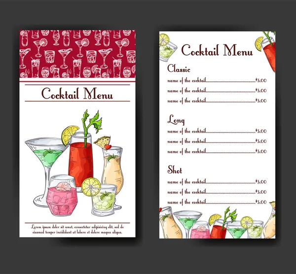 Ontwerp van de menu bar. Sjabloon voor cocktail dranken. Brochure met hand getrokken elementen. Vectorillustratie — Stockvector