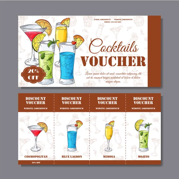 Cocktail discount voucher for cafe or restaurant. Modern style with hand drawn elements. Vector alcohol illustration — Stock Vector