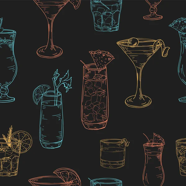 Modèle sans couture avec des éléments dessinés à la main. Cocktails sur fond blanc. Illustration vectorielle — Image vectorielle