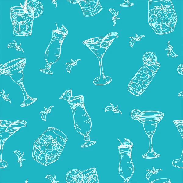 Naadloze patroon met cocktails. Overzicht van de kleur op witte achtergrond. Hand van getekende elementen in de vector — Stockvector