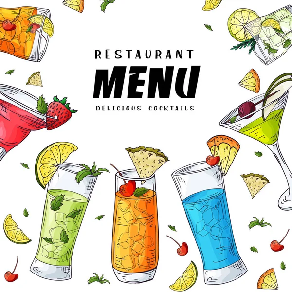 Design de menu de bar. Modelo para bebidas de cocktail. Brochura com elementos desenhados à mão. Ilustração vetorial — Vetor de Stock