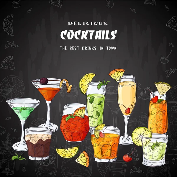 Design de menu de bar. Modelo para bebidas de cocktail. Brochura com elementos desenhados à mão. Ilustração vetorial —  Vetores de Stock