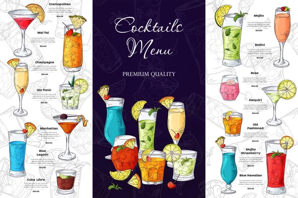 O álcool bebe menu. Modelo de brochura de bar para café ou restaurante. Ilustração vetorial com elementos desenhados à mão —  Vetores de Stock