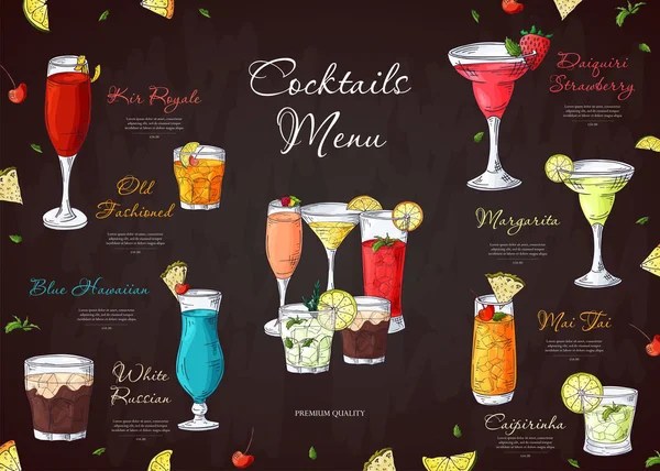 O álcool bebe menu. Modelo de brochura de bar para café ou restaurante. Ilustração vetorial com elementos desenhados à mão —  Vetores de Stock