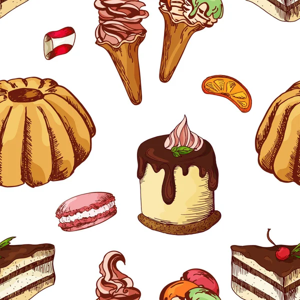 Motif sans couture avec desserts. Crêpes et petits pains dessinés à la main. Illustration vectorielle pour votre design — Image vectorielle