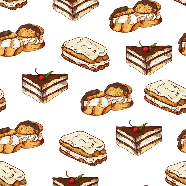 Naadloze patroon met desserts. Hand getrokken pannenkoekjes en broodjes. Vectorillustratie voor uw ontwerp — Stockvector