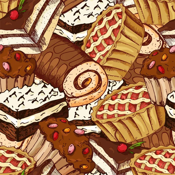 Naadloze patroon met desserts. Hand getrokken pannenkoekjes en broodjes. Vectorillustratie voor uw ontwerp — Stockvector
