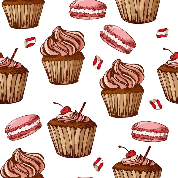 Seamless mönster med desserter. Handritad pannkakor och bullar. Vektorillustration för din design — Stock vektor