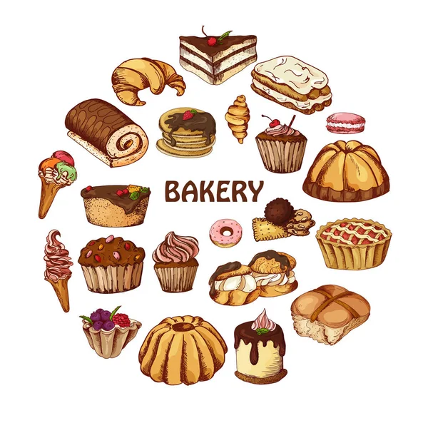 Elementos de postres vectoriales en estilo dibujado a mano. Deliciosa comida. Ilustración artística. Pastelería dulce para su diseño en el menú de café, carteles, folletos — Archivo Imágenes Vectoriales