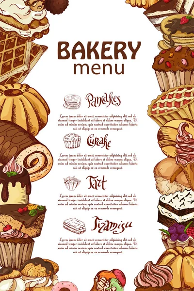 Vector template with hand drawn sketch bakery. Dessert menu design for restaurant or cafe. Cards with sweet bakery illustration — Stock Vector