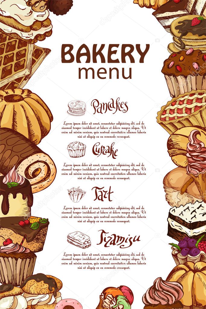 Vector template with hand drawn sketch bakery. Dessert menu design for restaurant or cafe. Cards with sweet bakery illustration