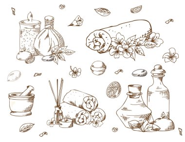 Kaplıca tedavisi. El öğeleri beyaz zemin üzerine çekilmiş. Sağlık ve Güzellik Salonu için şablon. Vektör çizim