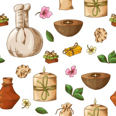 Elle çizilmiş spa elemanları ile sorunsuz bilmece. İş için stil kroki. Kaplıca tedavisi ile vektör çizim