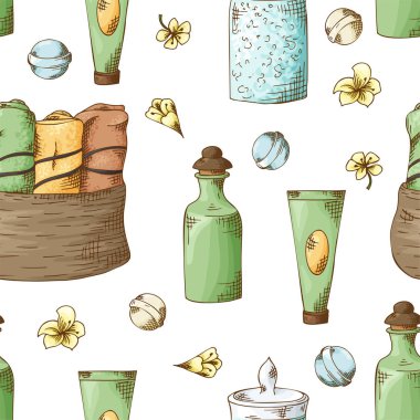 Elle çizilmiş spa elemanları ile sorunsuz bilmece. İş için stil kroki. Kaplıca tedavisi ile vektör çizim