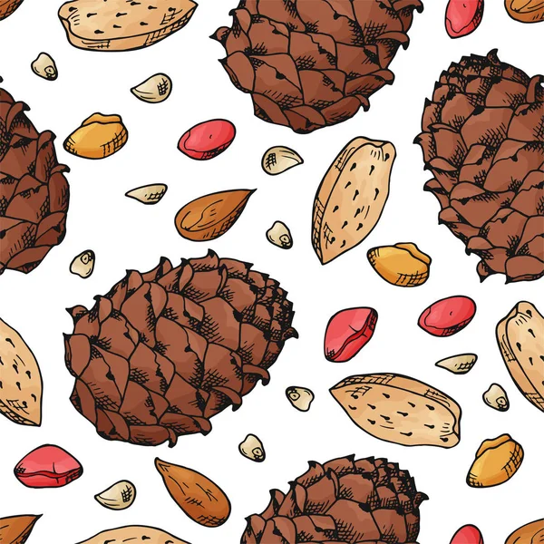 Vector naadloze patroon met noten en zaden. Pimpernoten (pistaches) brasil noten, pecan, hazelnoot, nootmuskaat, cashew achtergrond. Hand getrokken elementen in schets stijl — Stockvector