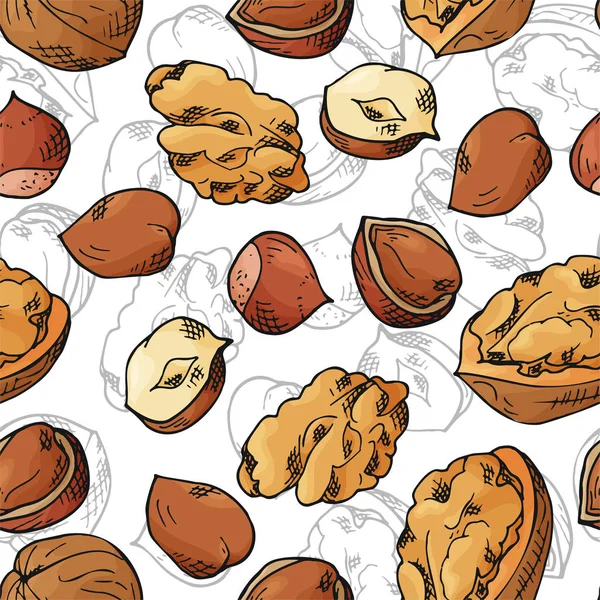 Patrón sin costura vectorial con nueces y semillas. Pistachos, nueces brasileñas, pacana, avellana, nuez moscada, fondo de anacardo. Elementos dibujados a mano en estilo sketch — Vector de stock