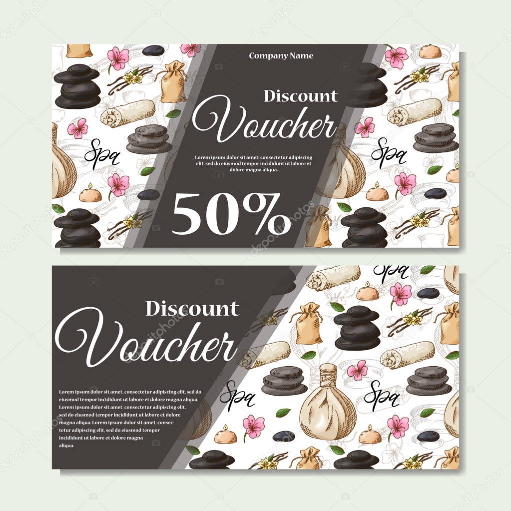 Gift voucher template with spa elements in hand drawn style. Sketch illustration. Design certificate for spa salon, beauty center. Vector pattern